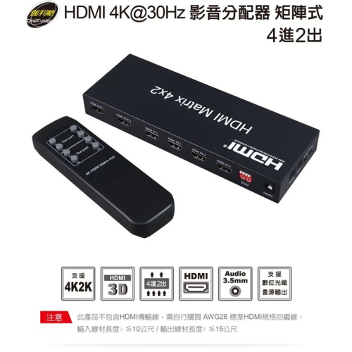 伽利略 HDMI 4K@30Hz 影音分配器 矩陣式 4進2出 （HDS402C）
