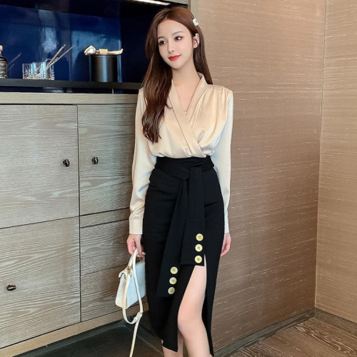 DearGod正韓女裝2022年秋冬名媛氣質性感V領長袖襯衣 高腰開叉扣子半身裙套裝女裝