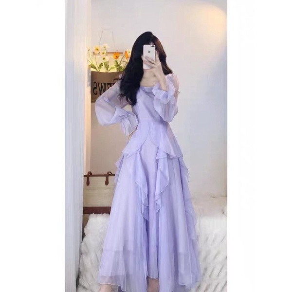 ❤️現貨在台，S.M.L 中大尺碼 紫 法式 高質感 長袖 雪紡 不規則 連衣裙 長袖 設計感 小眾 長裙 仙女
