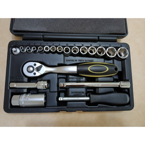 2分 3分 21件工具箱 快脫棘輪 三分套筒組 台灣製造 外銷清庫存 汽車機車維修 板手 延長桿 72齒彎柄 起子方桿