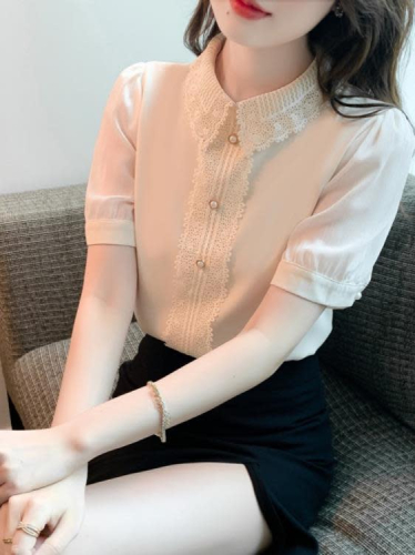 DearGod正韓女裝2022夏季新款娃娃領蕾絲拼接花邊雪紡襯衫別致上衣氣質短袖襯衣女