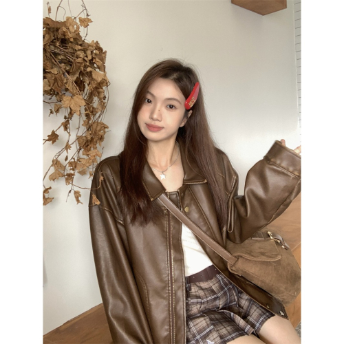 S429✨現貨美式/美拉德/復古/做舊洗水皮衣/寬鬆/甜酷/機車夾克短外套/皮外套/皮衣外套/個性/拉鍊/翻領/咖啡色/