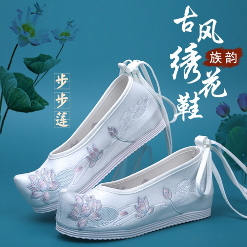 春夏季新款搭配古風漢服的鞋子女繡花鞋內增高翹頭古裝鞋布鞋學生