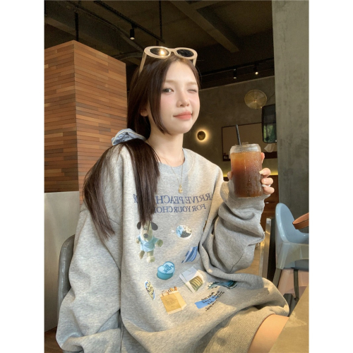 V470✨現貨/韓系/ovsizes/狗狗/圖案/印花/薄款刷毛/大學踢/大學T/長袖上衣/衛衣/INS/小紅書/學院風