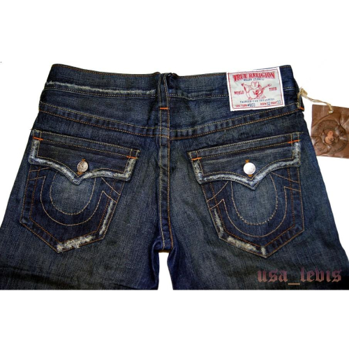 【美國LEVIS專賣】 True Religion 立體口袋蓋 深藍邊緣破痕 刷白 靴型 丹寧褲 小喇叭 牛仔褲W32