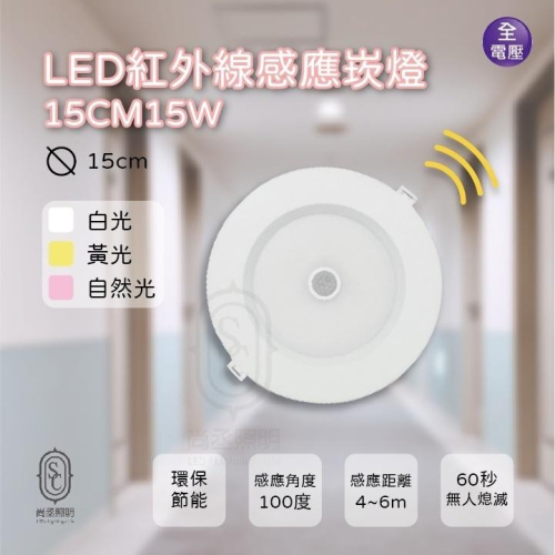 尚丞照明 LED 感應 崁燈 15公分 15cm 15w 全天候 感應式 白光 黃光 自然光 玄關 紅外線 人體 全電壓