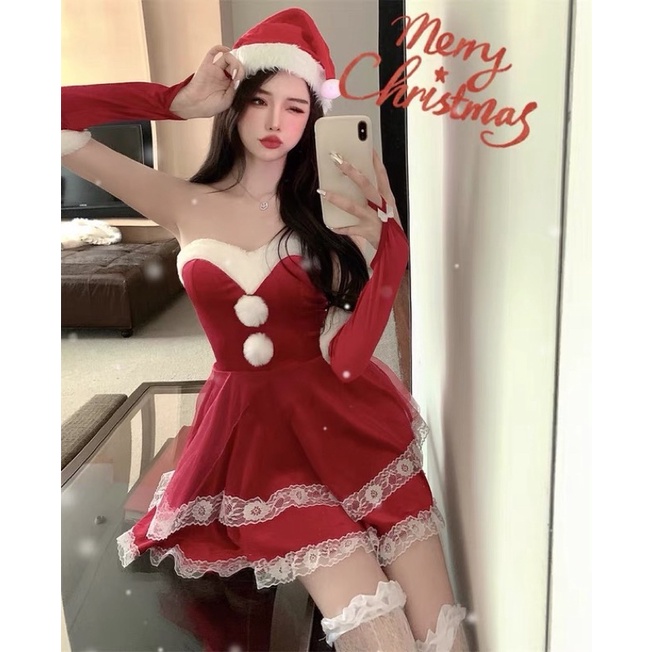 ❤️現貨在台，適合S.M，3件組 角色扮演 蓬蓬裙 聖誕帽 聖誕節 紅色 辣妹 性感 袖套 抹胸 蛋糕裙 連衣裙 洋裝