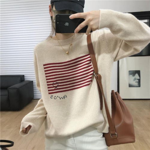 DearGod正韓女裝牛貨bi入秋冬厚實羊絨手感撞色條紋提花圓領套頭打底針織衫毛衣女