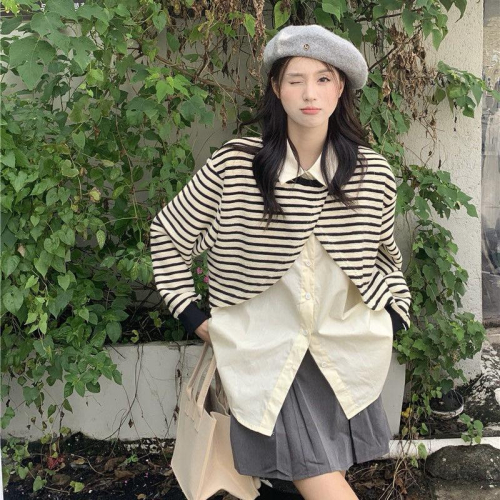 ????｜實拍*條紋拼接假兩件衛衣女設計感上衣?預購
