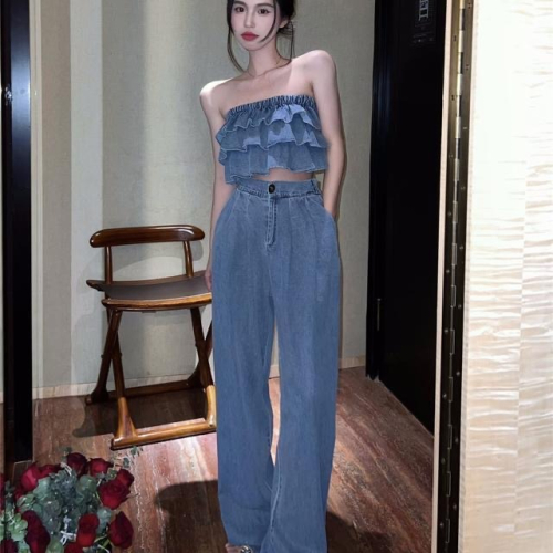 ???? (預購) 荷葉邊抹胸上衣 平口短上衣+休閒闊腿長褲 套裝 性感兩件套長褲套裝 #C03002