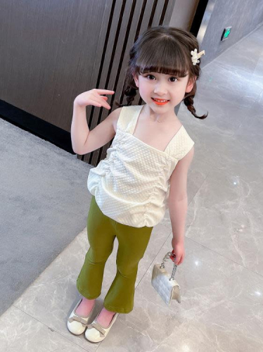 寶貝童裝女童套裝夏季2023新款寶寶洋氣時髦夏裝兒童夏款吊帶喇叭褲二件套