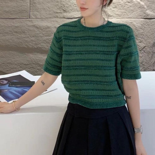 DearGod正韓女裝歐洲站2022秋季chic韓味微醺鏤空編織短款天鵝絨條紋短袖針織衫女