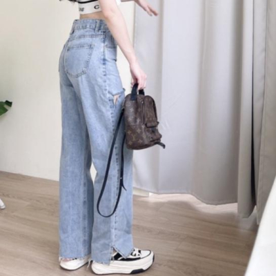【DOE.FF】個性割破男友牛仔寬褲 (現貨) 寬褲 長褲女 牛仔長褲 直筒褲 顯瘦長褲 高腰長褲 女裝 牛仔褲 辣妹風