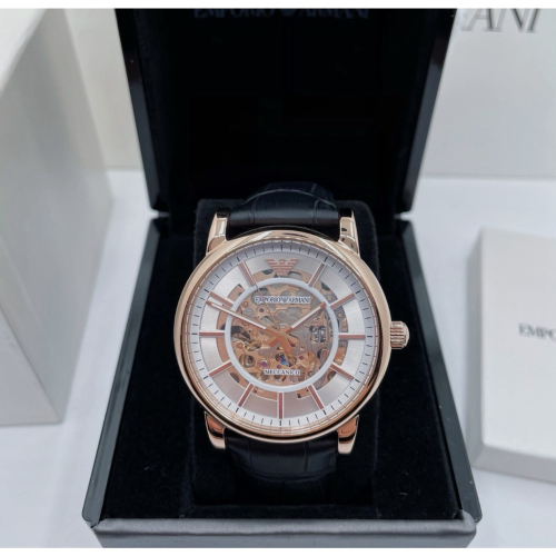 Emporio Armani 鏤空錶盤 黑色皮帶 阿瑪尼 AR60007 自動上鍊機械錶