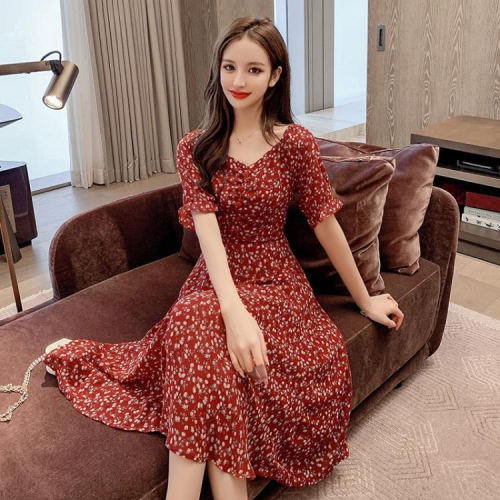 DearGod正韓女裝溫柔風時尚v領碎花雪紡連身裙2022夏季法式新款復古顯瘦a字裙女裝