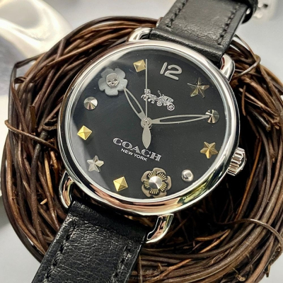 COACH:手錶,型號:CH00115,女錶36mm銀錶殼黑色錶面真皮皮革錶帶款