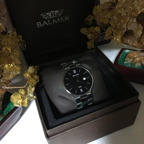 BALMER WATCH 寶馬 時尚銀殼外框黑面不銹鋼殼三鈑鋼帶日期兩針石英男腕錶 型號：7939