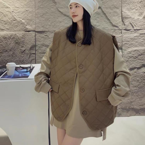 DearGod正韓女裝歐洲站2022秋季新款森系圓領排扣薄款菱格壓線棉馬甲無袖坎肩外套