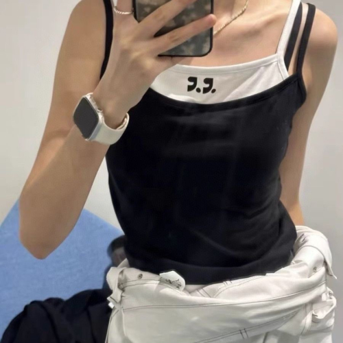 韓國RR 背心 吊帶 小可愛，Restandrecreation假兩件吊帶撞色斜肩不規則背心，四季百搭，舒服好穿，剛剛好