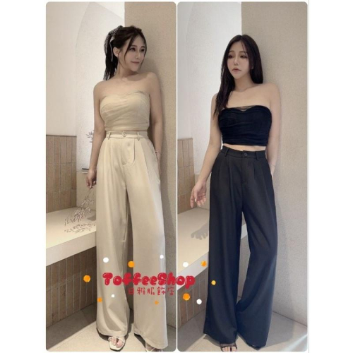 ❤️現貨黑/杏❤️005獨家氣質桃心領網紗拼接背心+寬褲SET兩件式套裝