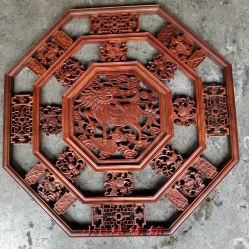 小o結緣館仿古傢俱......麒麟納福窗花.八角形.吊飾.門片(香樟木)90x3x90(編號151)