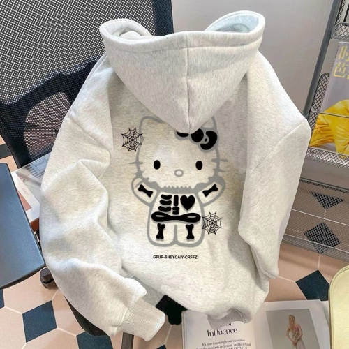 《預購》薄款-美式HelloKitty卡通潮酷銀狐絨連帽 衛衣女秋冬季寬松高街情侶外套