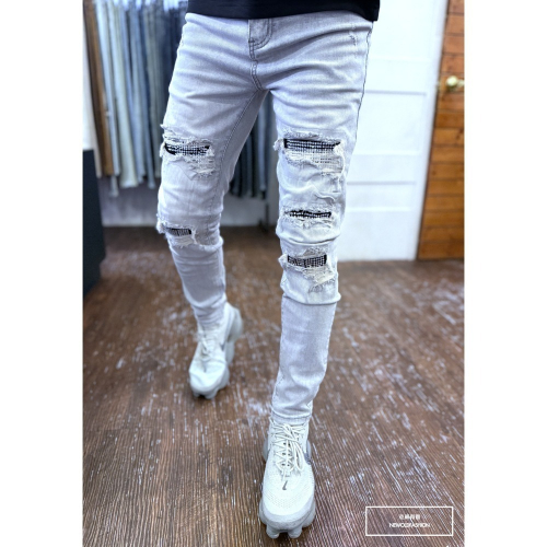 『新品上市』重磅灰白水鑽破壞小直筒褲(NOF25049119)
