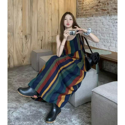 ⭐?? ?????⭐️ 現貨實拍 復古文青彩色條紋背心連身長洋 (預購)