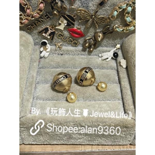 DIOR 超美 復古金 雙珍珠 黑色珐瑯 字母 二手 造型 耳環