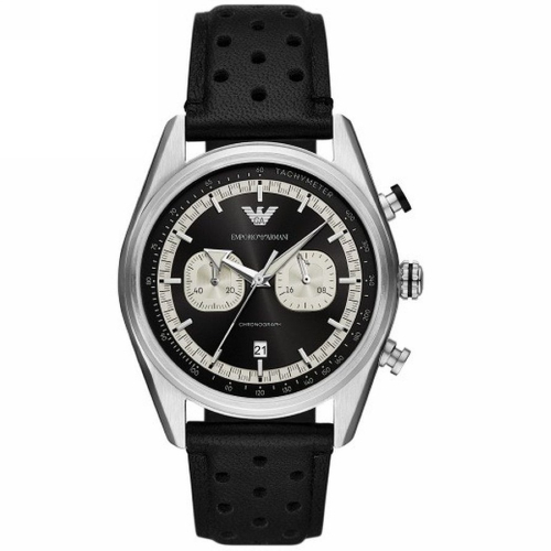 EMPORIO ARMANI 亞太戰爭雙眼計時優質皮革腕錶-黑色-AR11635