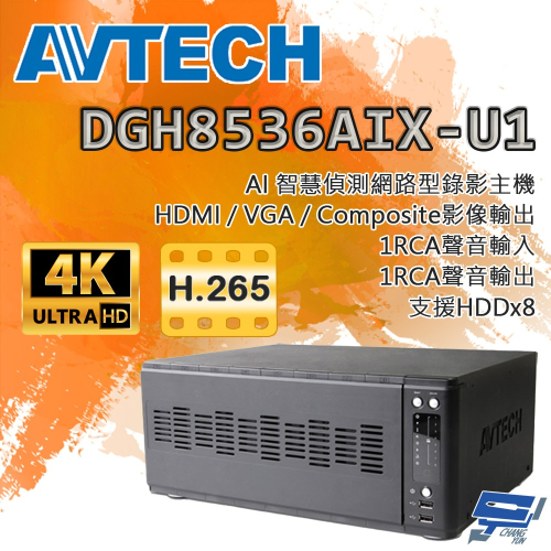 昌運監視器 AVTECH陞泰 DGH8536AIX-U1 IP 網路型錄影主機 36路支援安裝8顆硬碟AI智慧偵測