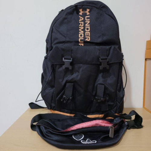 99新Under armour 背包 與Adidas外黑色內裡桃紅鍛面腰包 Ua可放15吋notebook