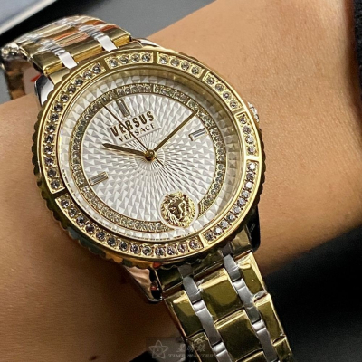 VERSUS VERSACE:手錶,型號:VV00082,男女通用錶40mm金色錶殼白色, 幾何立體圖形錶面精鋼錶帶款
