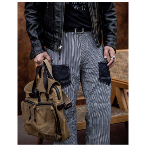 復刻 FW Derrickman work striped pants 跳色拼接條紋長褲 單寧牛仔