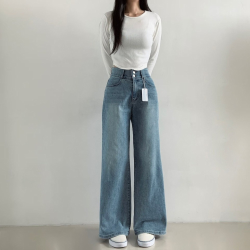 ??Onéul映日??韓國女裝?春夏新品?雙排釦彈力高腰直筒牛仔褲?韓國製造?#韓國女裝#正韓女裝