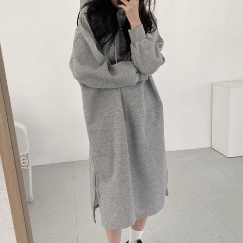 ????? ?????? 舒適慵懶の泡泡袖開衩寬鬆長版連帽長袖上衣（內刷毛加絨）