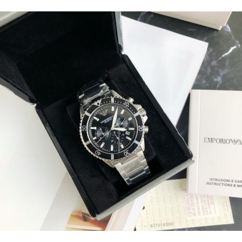 Emporio Armani 黑面銀色鋼帶 三眼男錶 AR11360 阿瑪尼錶