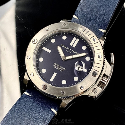 GiorgioFedon1919:手錶,型號:GF00091,男錶46mm銀錶殼寶藍色錶面真皮皮革錶帶款