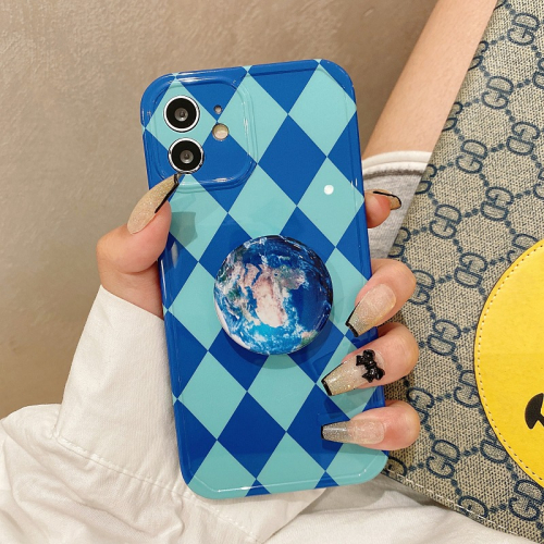ins菱格紋地球支架適用iphone12pro max蘋果11手機殼iphonex軟硅膠xsmax創意xr日韓8plus