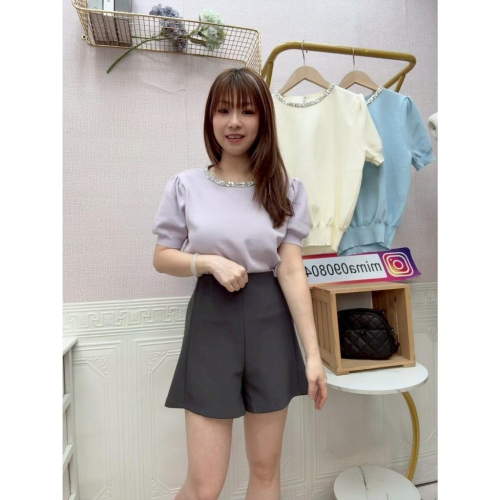 MIMA女王 ❤A149?圓領亮片縮腰公主袖針織上衣