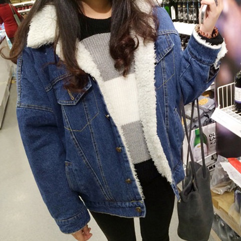秋冬季韓版大碼加厚羊羔毛牛仔外套女 學生棉衣棉服加絨短款棉襖