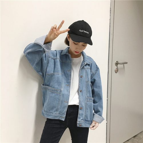 2019春裝新款韓版百搭淺色大口袋牛仔外套女寬松學生短款牛仔衣潮