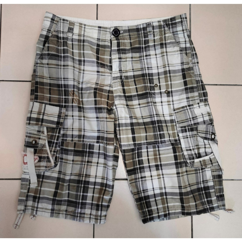 二手 近全新 白棕色 英倫風 格紋 刺繡 仿舊 褲帶 多口袋 男 休閒褲 七分褲 短褲 38英吋