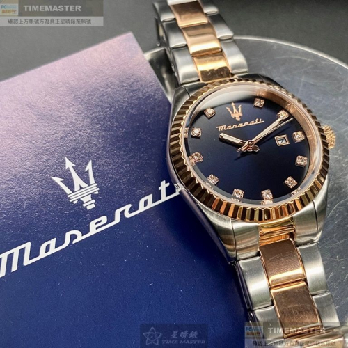 MASERATI:手錶,型號:R8853100507,女錶32mm玫瑰金錶殼寶藍色錶面精鋼錶帶款