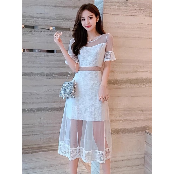 ❤️現貨在台，白L(S- XL) 中大尺碼 法式 小眾 網紗 拼接 喇叭袖 連衣裙 小個子 收腰 洋裝 禮服 顯瘦 長裙