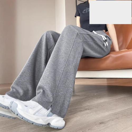 人氣爆款灰色運動褲女夏季薄款2025新款春秋高腰垂墜感寬鬆顯瘦直筒闊腿棉褲