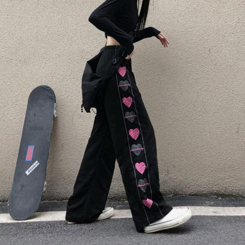 甜辣風愛心褲子?韓系街頭美式褲子pink甜美系工裝褲街舞褲休閒褲運動風直筒褲闊腿褲長褲愛心