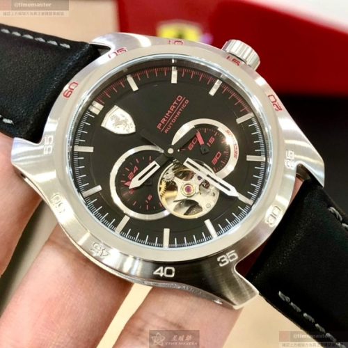 FERRARI手錶,編號FE00107,44mm銀錶殼,深黑色錶帶款
