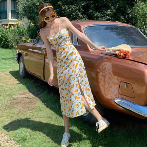 泫雅性感氣質連衣裙女夏季新款網紅修身顯瘦chic超仙開叉吊帶長裙