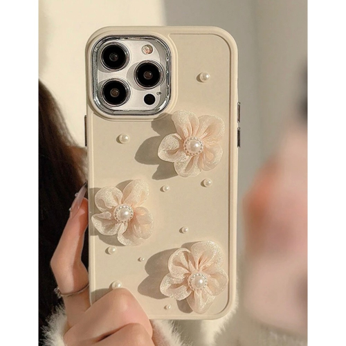 ins風3D珍珠心型和花朵手機殼-3色